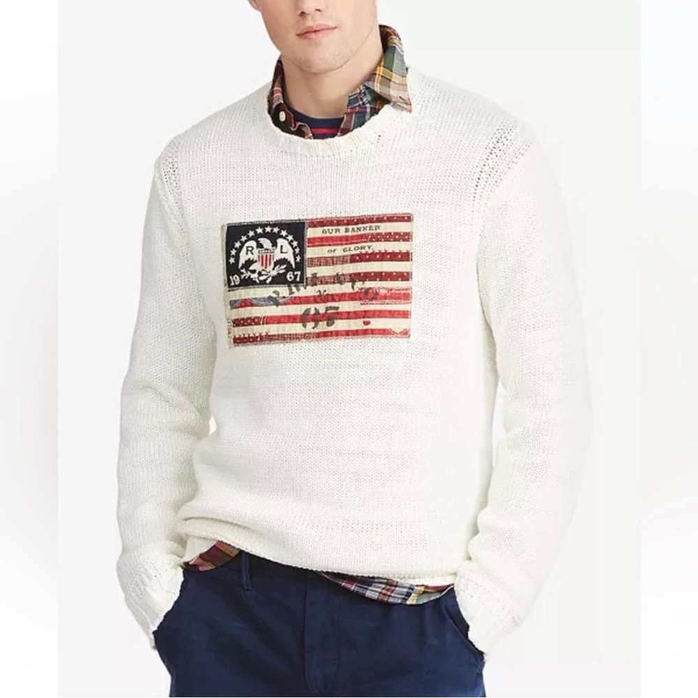Rare Polo Ralph Lauren White Sweater with Vintage Flag Design unisex